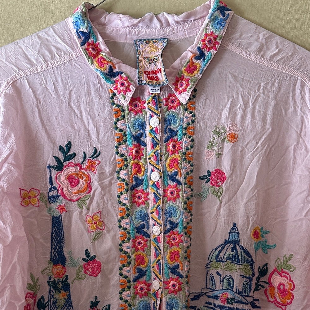 Johnny Was Pink Floral Embroidered Shirt